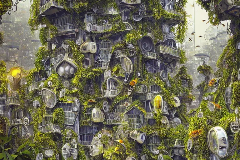 Prompt: futuristic foliage overgrowing detailed favela graveyard honeybee hive, art nouveau environment, industrial factory, award winning art, epic dreamlike fantasy landscape, ultra realistic,