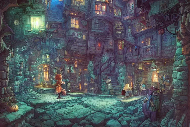 Image similar to one point perspective dungeon cozy fantasy village street view by artgerm and Craig Mullins, James Jean, Andrey Ryabovichev, Mark Simonetti and Peter Morbacher 16k