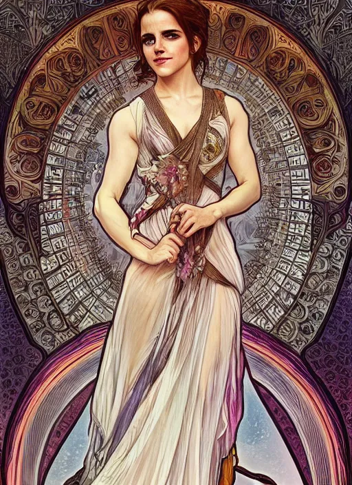 Image similar to Emma Watson as Driada, full body shot, cute, fantasy, intricate, elegant, highly detailed, digital painting, 4k, HDR, concept art, smooth, sharp focus, illustration, art by alphonse mucha,artgerm, H R Giger