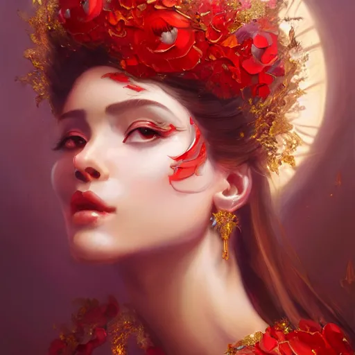 Prompt: expressive oil painting, of alluring european princess, seductive look, smooth glowing skin, glistening body, ornate headpiece made from red flowers, glamour shot, by yoshitaka amano, by greg rutkowski, by jeremyg lipkinng, by artgerm, digital art, octane render