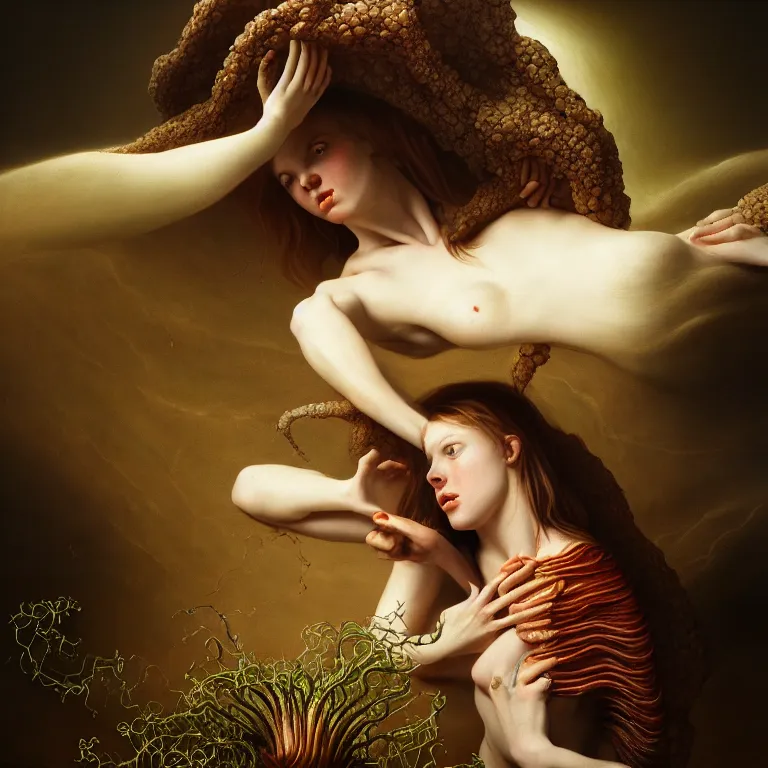 Prompt: carnivorous plant eating young white woman, in desert, dune, baroque painting, beautiful detailed intricate insanely detailed octane render trending on Artstation, 8K artistic photography, photorealistic, chiaroscuro, Raphael, Caravaggio