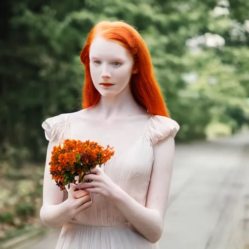 Prompt: Portrait of a young redhead lady with a flower, Canon EOS R3, f/1.4, ISO 200, 1/160s, 8K, RAW, unedited, symmetrical balance, in-frame