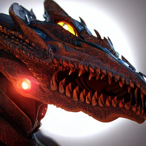 Prompt: a highly detailed close-up bust, of a beautiful majestic anthropomorphic robot female dragon, with smooth and streamlined mechanical armor, standing and posing elegantly in front of the camera, well detailed head with soft LED eyes, sharp teeth, two arms, artstation, DeviantArt, professional, octane render, sunset lighting