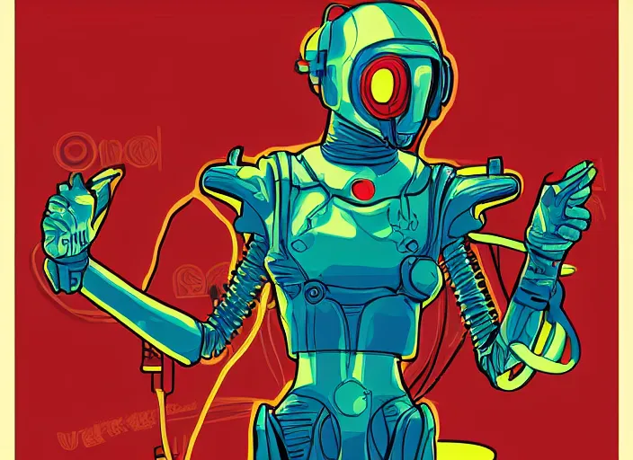 Prompt: martian citizen cyborg with surreal outfit by moebius, vector art, cyberpunk, red flat poster texture