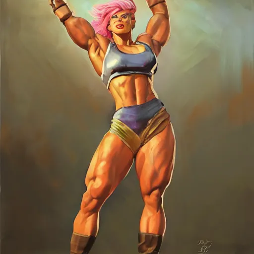 Image similar to greg manchess portrait of margot robbie as thick female bodybuilder zarya from overwatch in disco elysium, 9 6 9, epic grimdark, fantasy, medium shot, asymmetrical, profile picture, organic painting, sunny day, matte painting, bold shapes, hard edges, street art, trending on artstation, by huang guangjian and gil elvgren and sachin teng