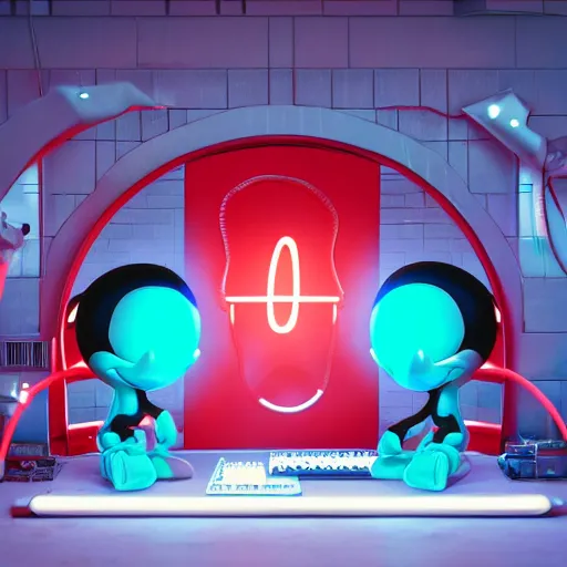 Image similar to render of mechanics operating mickey mouse in facility laboratory, with glowing red netflix logo, low light with only 1 mint and 1 red light, made by beeple, octane render, unreal engine, cinema 4 d, artstation, 4 k highly detailed art