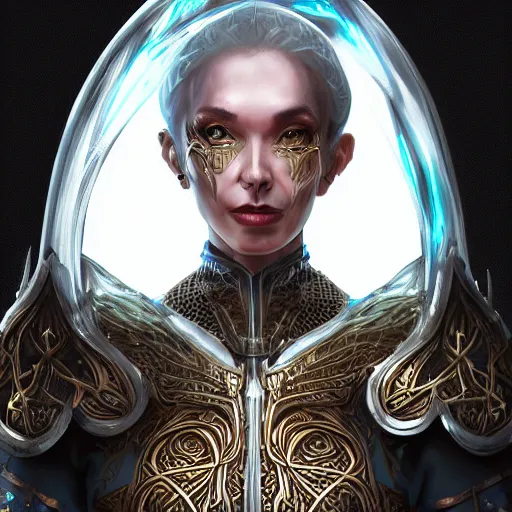 Prompt: a portrait of a evil lady in glass armor releasing spell, full height, moving forward, concept art, trending on artstation, highly detailed, intricate, sharp focus, digital art, 8 k