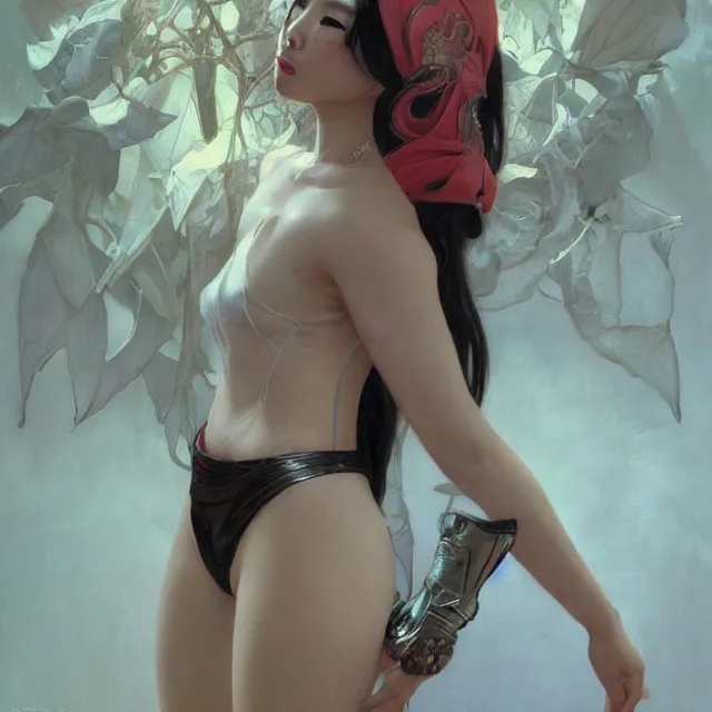 Image similar to asian domme mistress, full body, dominatrix, tribal, smooth white tight clothes suit, ornate, very beautiful, concept art, realistic painting, androgynous, afrofuturism, daz 3 d, cinematic, cgsociety, digital art by greg rutkowski, by alphonse mucha