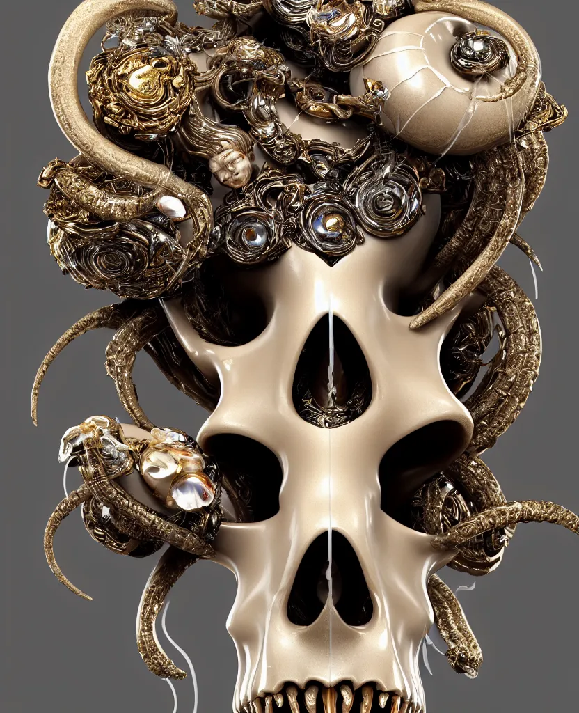 Image similar to goddess princess face close-up portrait ram skull. sculpture made of polished gold and matte obsidian. jellyfish phoenix head, nautilus, orchid, skull, betta fish, bioluminiscent creatures, intricate artwork by Tooth Wu and wlop and beeple. octane render, trending on artstation, greg rutkowski very coherent symmetrical artwork. cinematic, hyper realism, high detail, octane render, 8k