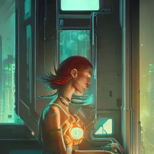 Image similar to portrait of cyberpunk woman looking out of a window, cyberpunk setting, futuristic, highly detailed, intricate lighting, digital painting, sharp focus, illustration, trending on artstation, art by peter mohrbacher.