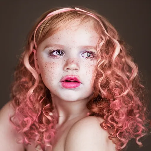 Image similar to perfect baby beauty itself. with a bit of freckles and beautiful bright green eyes red curled hair perfect light pink lips stare intently, award winning studio portrait