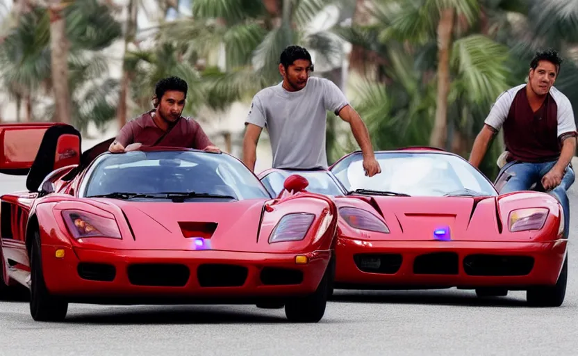 Prompt: Miguel and Tulio riding a Ferrari F50