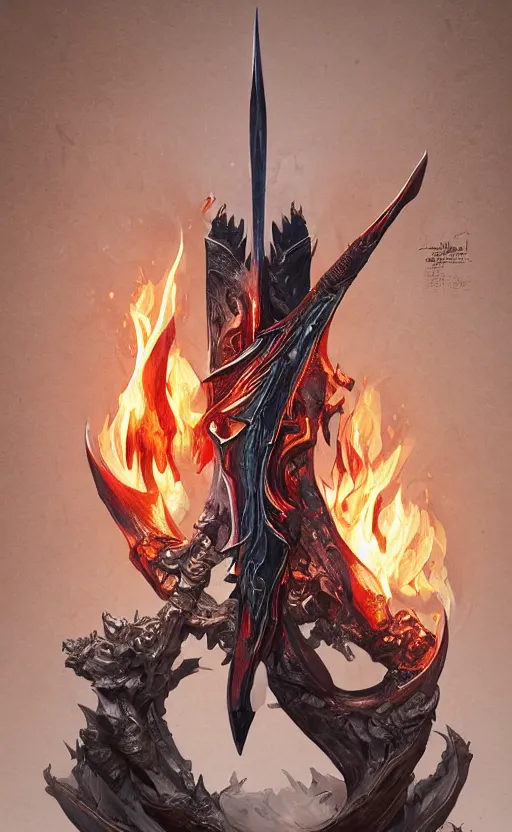 Image similar to dagger with symmetrical dagger features is legendary artifact posed on wooden stand, flames and smoke, front game card, drark, marvel comics, dark, intricate, highly detailed, smooth, artstation, digital illustration by ruan jia and mandy jurgens and artgerm and wayne barlowe and greg rutkowski and zdislav beksinski