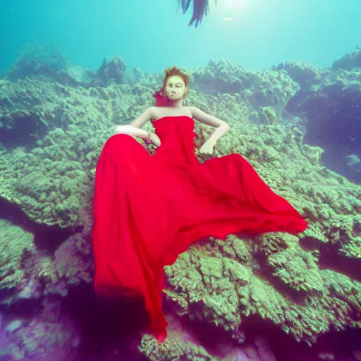 Image similar to beautiful portrait of fashion model in red silk underwater, 35mm film