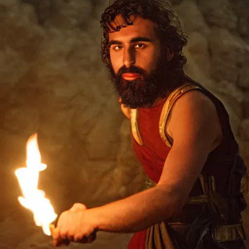 Image similar to award winning cinematic still portrait of intense 27 year old Mediterranean skinned man in Ancient Canaanite tunic, holding a flaming torch, beard, short hair, Nighttime. action, violence, Biblical epic directed by Steven Spielberg