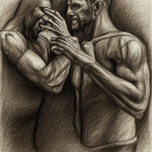 Image similar to god and the devil arm wrestling to see who wins the souls, pencil sketch