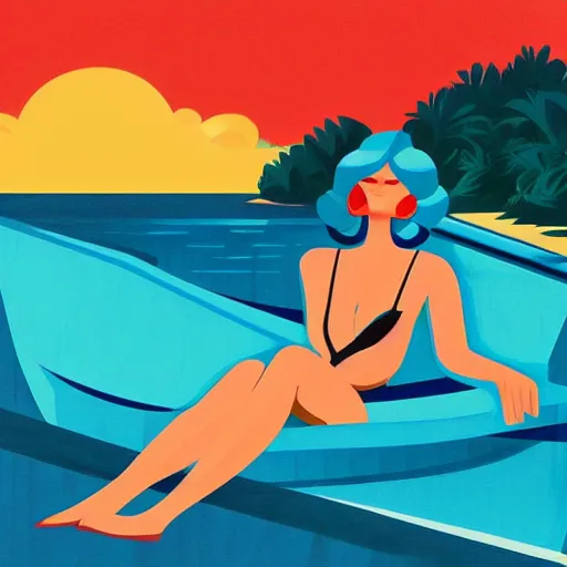 Image similar to a painting of a woman in a bathing suit sitting on a boat, an art deco painting by tom whalen, trending on behance, art deco, digital illustration, storybook illustration, art deco, flat shading, vector art, airbrush