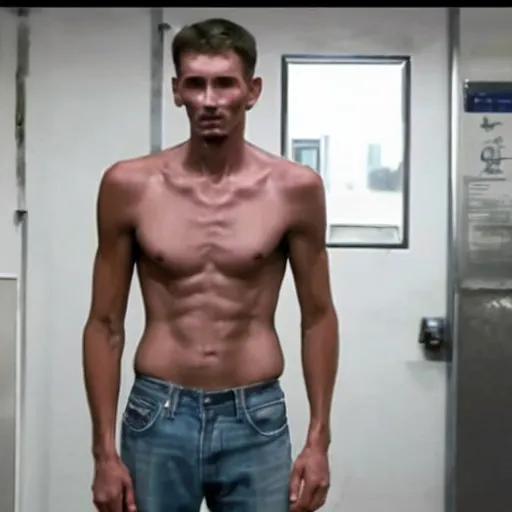 Image similar to still of scrawny Dwanye Johnson having lost 150 pounds in The Machinist remake 2029