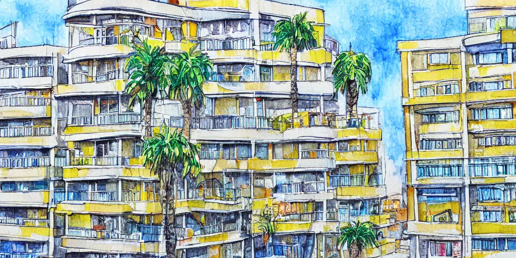 Image similar to painting of rounded bauhaus style balconies in a junction in dizingof center in tel aviv. highly detailed. pen drawing painted with watercolors. colorful. low buildings. palm trees. super realistic. fluffy