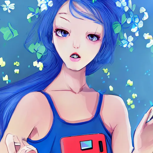 Prompt: if bluetooth was an actual human female, wearing blue crop top with the bluetooth logo on and blue pyjama shorts, digital image, character illustration, highly detailed, long blue hair, background of a blue flower field, trending on art station, art, by jason chan