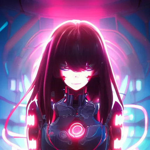 Image similar to digital anime in the style of arcane!!, cyborg - girl hacking into the reality, black red long hair!, biomechanical details, neon background lighting, reflections, wlop, ilya kuvshinov, artgerm