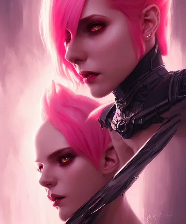 Image similar to futuristic vampire portrait, sci-fi, fire eyes, face, short pink hair, fantasy, intricate, elegant, highly detailed, digital painting, artstation, concept art, smooth, sharp focus, illustration, art by artgerm and greg rutkowski and alphonse mucha