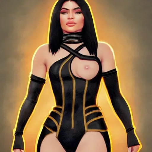 Image similar to full body portrait of kylie jenner as a mortal kombat x ninja character in a leotard, intricate, elegant, highly detailed, digital painting, artstation, concept art, smooth, sharp focus, illustration, art by artgerm and greg rutkowski and alphonse mucha