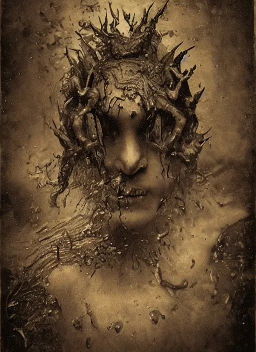 Prompt: old wetplate daguerreotype demons, devil, pain, anger, desolation, angel, divine, multiple faces, explosion of data fragments, fractal, intricate, elegant, highly detailed, parallax, leica, medium format, subsurface scattering, by jheronimus bosch and greg rutkowski and louis jacques mande daguerre