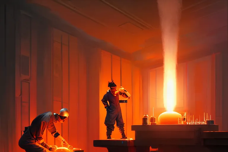 Image similar to symmetry!! scientist performing a explosive experiment by artgerm greg rutkowski and andreas rocha, cinematic lighting, highly detailed, warm colours, 8 k