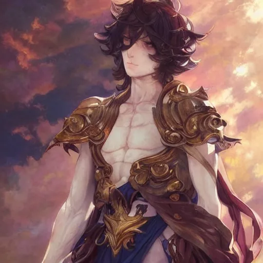 Prompt: a beautiful painting of sandalphon from granblue fantasy, shimmering and prismatic, rococo, by krenz cushart and mucha, trending on artstation.