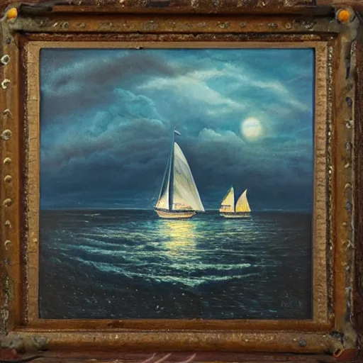 Image similar to a beautiful coastline with an ominous biopunk tower with glowing lights rising in the distance with a sailing ship in the foreground, painting by John Berkley