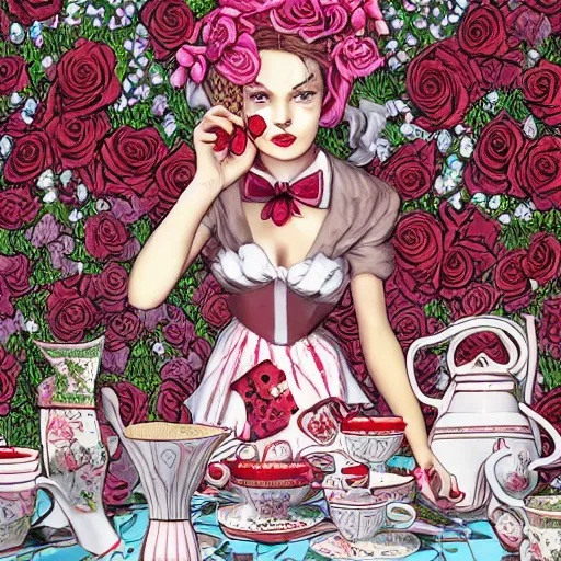 Image similar to Alice in Wonderland at the tea party, surrounded by red and white roses, digital illustration, inspired by Aeon Flux and Möbius, hyper detailed, Magic realism, super photorealistic, muted warm pastel shades, extremely fine inking lines