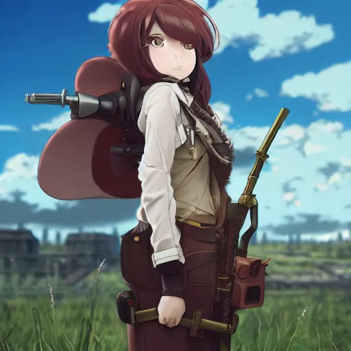 Prompt: girl with a steampunk uniform and weapons and metal wings, serious, extremely detailed, made by wlop and studio ghibli, cinematic lighting, full body portrait, illustration, grass, sunny, clouds, sky, anime, side view, smug,