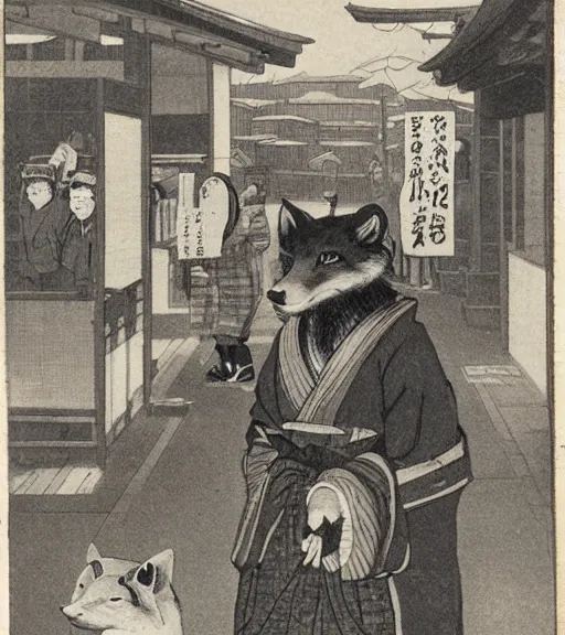 Image similar to 1 8 th century japanese street market in kyoto, 1 9 0 0 s photography, portrait anthro anthropomorphic fox head animal person fursona wearing clothes street trader