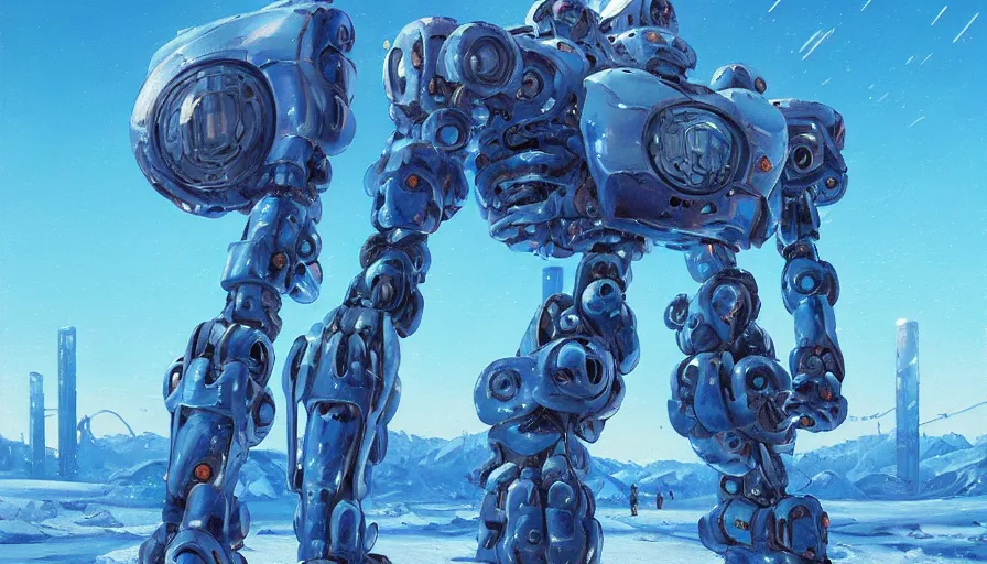 Image similar to an intricate oil painting of a giant pristine icey blue metal anime humanoid mecha with rounded components by simon stalenhag, icey tundra background