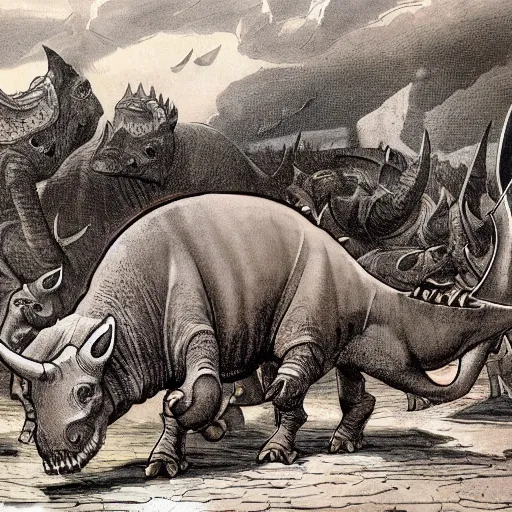Prompt: triceratops in the punic wars, historical illustration
