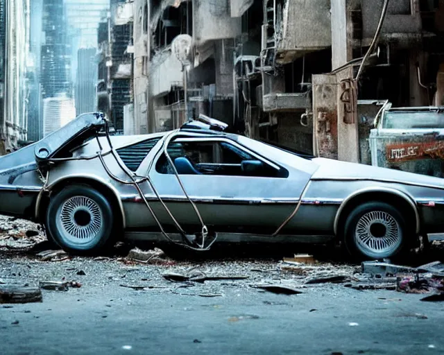 Image similar to doc brown and the delorean in an abandoned city, ghost in the shell vibes