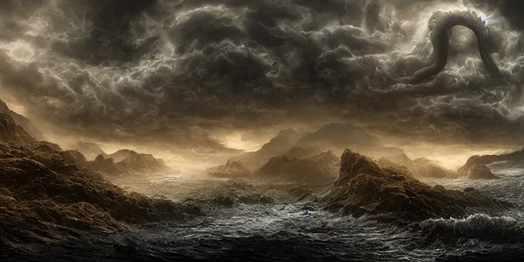 Image similar to photorealistic strange concept art of cthulhu emergin from the sea, by katrina van grouw and bruce mahalski. an epic landscape, with ominous storm clouds, a gentle rising mist. occult photorealism, uhd, amazing depth, glowing, golden ratio, 3 d octane cycle unreal engine 5, volumetric lighting, cinematic lighting, cgstation artstation concept art