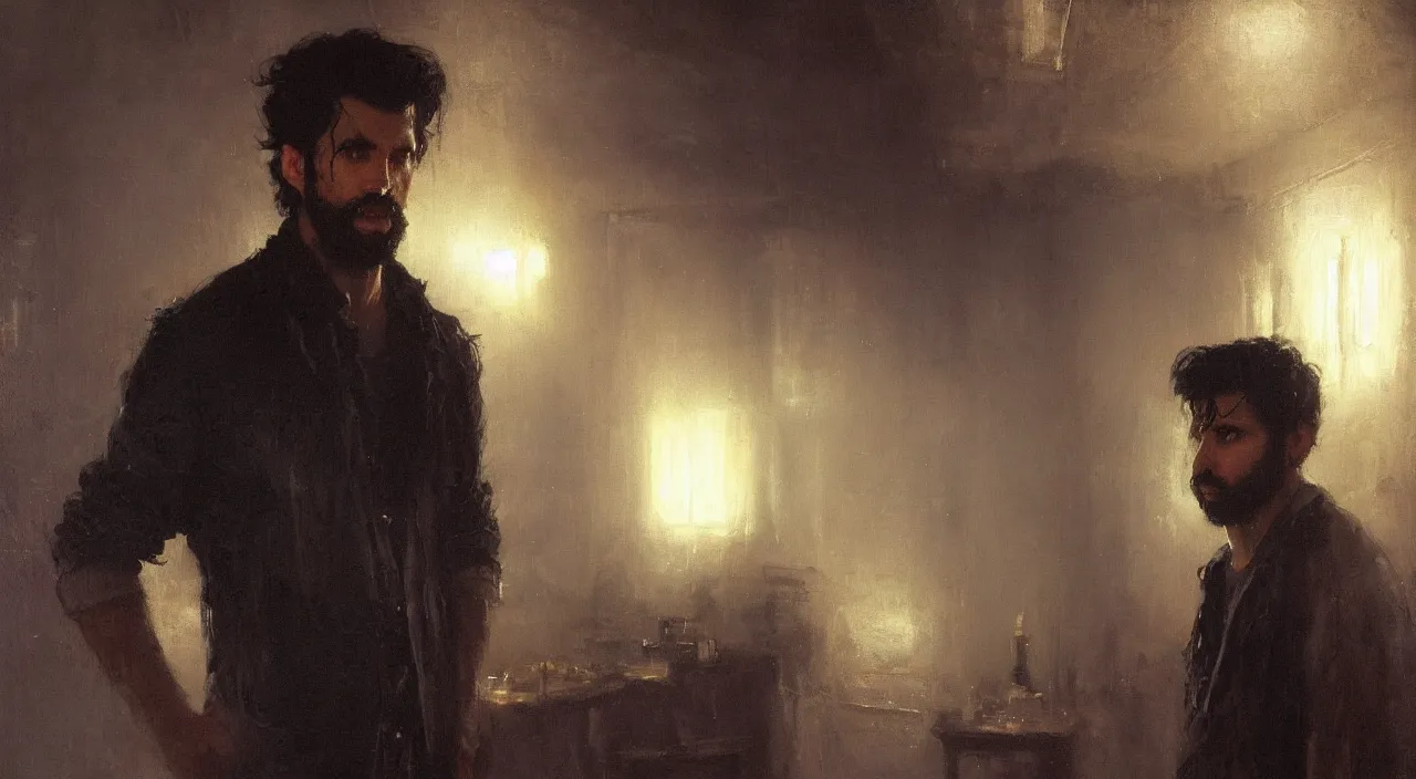 Image similar to a man with black hair and beard, wearing a black jacket, white shirt and jeans, afraid, standing in a dimly lit room, vivid colors, soft lighting, atmospheric, cinematic, moody, highly detailed painting by gaston bussiere, craig mullins, 8 k