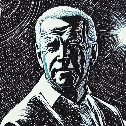 Prompt: Woodcut portrait of joe biden by falling into the stars greg rutkowski, 4k, intricate details