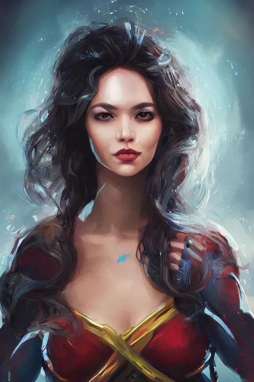 Prompt: three quarters portrait of a beautiful woman,super hero costume,heroic pose,highly detailed, digital painting,illustration, art by Stanley Lau
