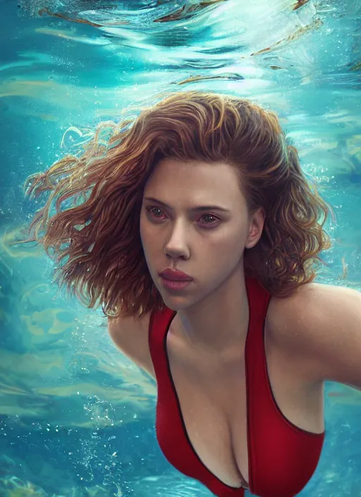 Image similar to underwater portrait of scarlett johansson as a baywatch life saver, au naturel, hyper detailed, digital art, trending in artstation, cinematic lighting, studio quality, smooth render, unreal engine 5 rendered, octane rendered, art style by klimt and nixeu and ian sprigger and wlop and krenz cushart.
