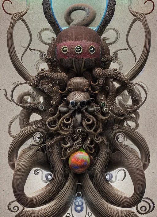 Image similar to raccoon and octopus hybrid, rococo, intricate geometry, rainbow mycelium, basil wolverton, hr giger, octane render,