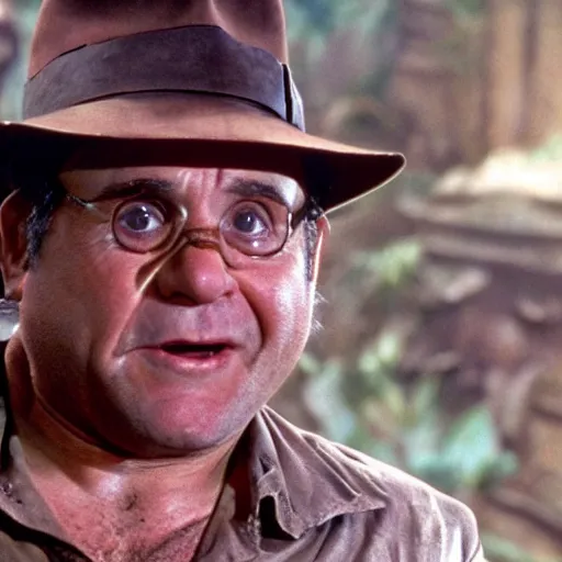 Image similar to Danny Devito as Indiana Jones, film still from Indiana Jones and the Temple of Doom, detailed, 4k