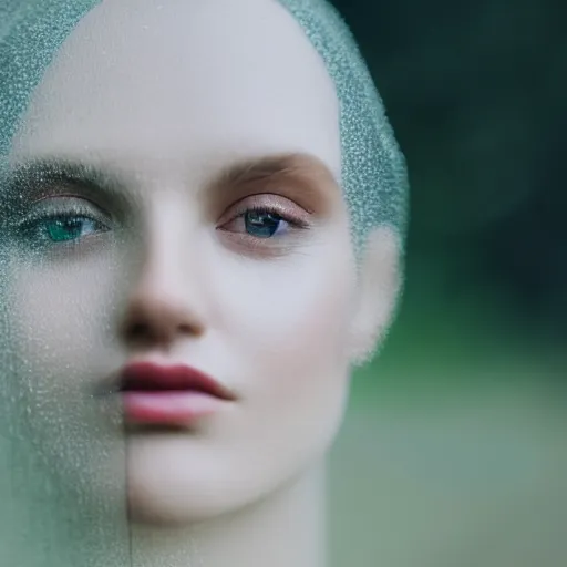 Prompt: a woman made out of glass, 5 0 mm lens, f 1. 4, sharp focus, ethereal, emotionally evoking, head in focus, volumetric lighting, blur dreamy outdoor,