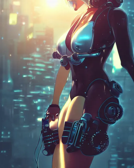 Prompt: kyoto animation, cool girl wearing cyberpunk mechanical futuristic bikini, respirator, detailed portrait, cell shaded, 4 k, concept art, by wlop, ilya kuvshinov, artgerm, krenz cushart, greg rutkowski, pixiv. cinematic dramatic atmosphere, sharp focus, volumetric lighting, cinematic lighting, studio quality