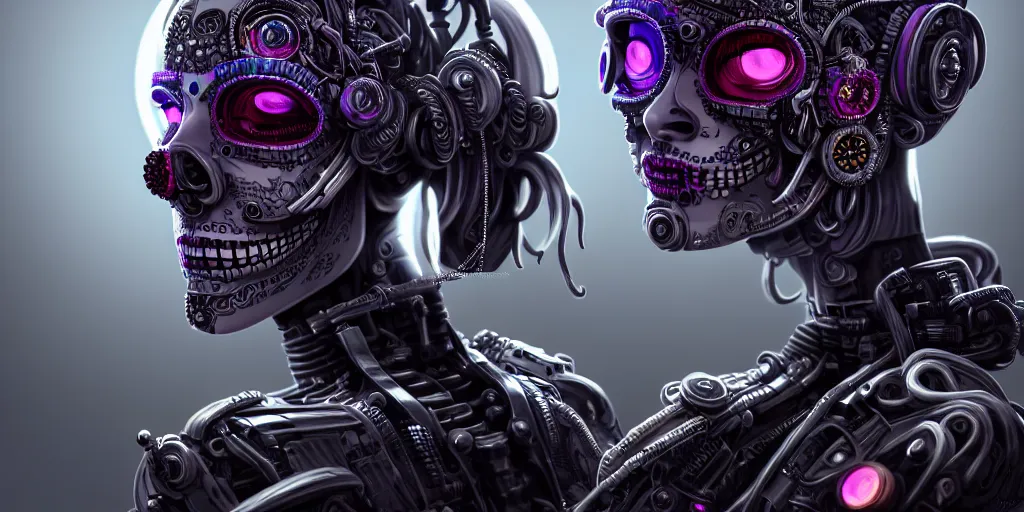 Image similar to ultra detailed, Mechanical Cyberpunk Female Android, dia de los muertos, cyberpunk, fantasy, intricate details, elegant, super highly detailed, professional digital painting, artstation, concept art, smooth, sharp focus, no blur, no dof, extreme illustration, Unreal Engine 5, Photorealism, HD quality, 8k resolution, cinema 4d, 3D, beautiful, cinematic, art by artgerm and michael welan and DZO and greg rutkowski and alphonse mucha and loish and WLOP