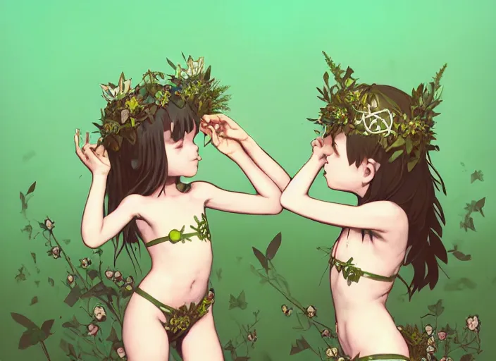 Image similar to two cute fairy girls kissing with crown of flowers in plants bikini covered with celtic rune tattoos, fantasy, by atey ghailan, by greg rutkowski, by greg tocchini, by james gilleard, by joe gb fenton, by in kaethe butcher, dynamic lighting, gradient light green, brown, blonde cream and white color in scheme, grunge aesthetic