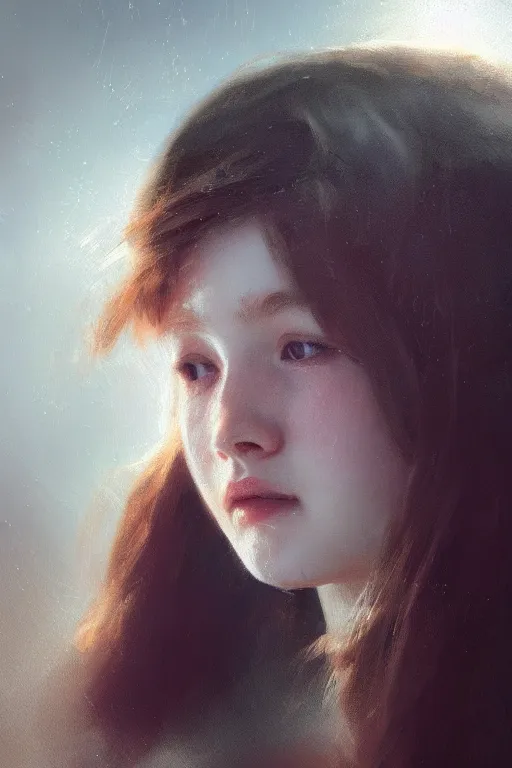 Image similar to teenage girl, joyful, close - up portrait, intricate, elegant, volumetric lighting, scenery, digital painting, highly detailed, artstation, sharp focus, illustration, concept art, ruan jia, steve mccurry