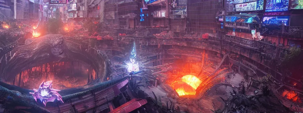 Image similar to large sinkhole in the middle of shibuya tokyo, with ancient glowing spiked wyvern flying creatures emerging from the hole, in the style of monster hunter world, like concept art on artstation, hyperdetailed, vray render, octane render,